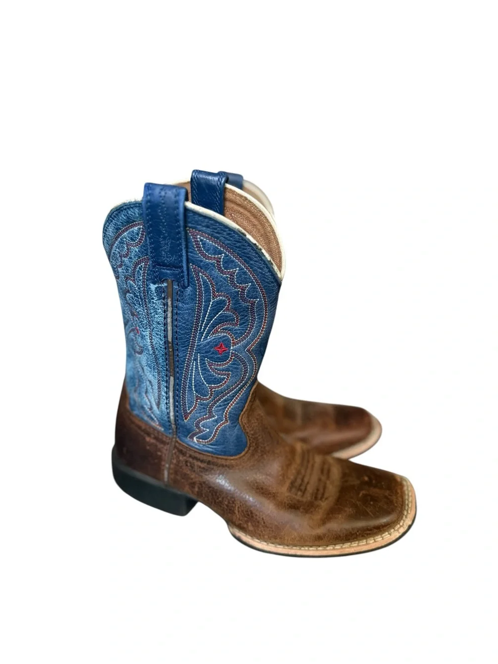 Ariat Brown Leather Foot with Blue Embroidered Shaft Cowboy Boots